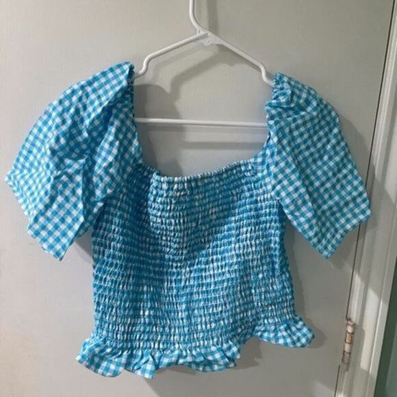 BCBGeneration Gingham Smocked Cropped Top blue and white M - Picture 5 of 5
